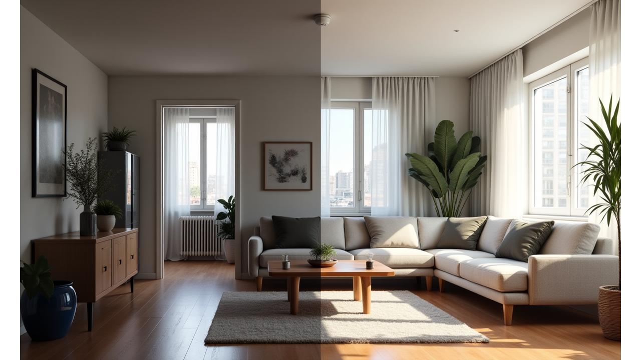 Dramatic before and after of a small apartment living room transforming into a sleek, compact home gym with hidden equipment