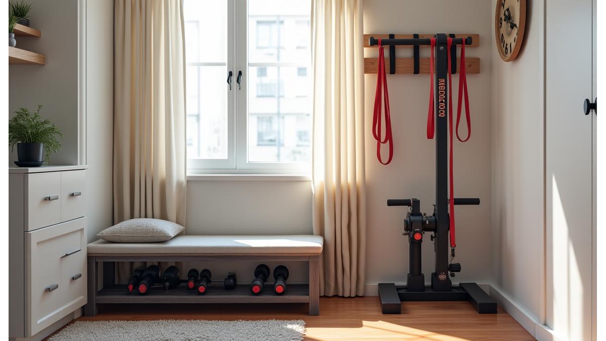 Small apartment bedroom transformed into a compact yet complete home gym after renovation