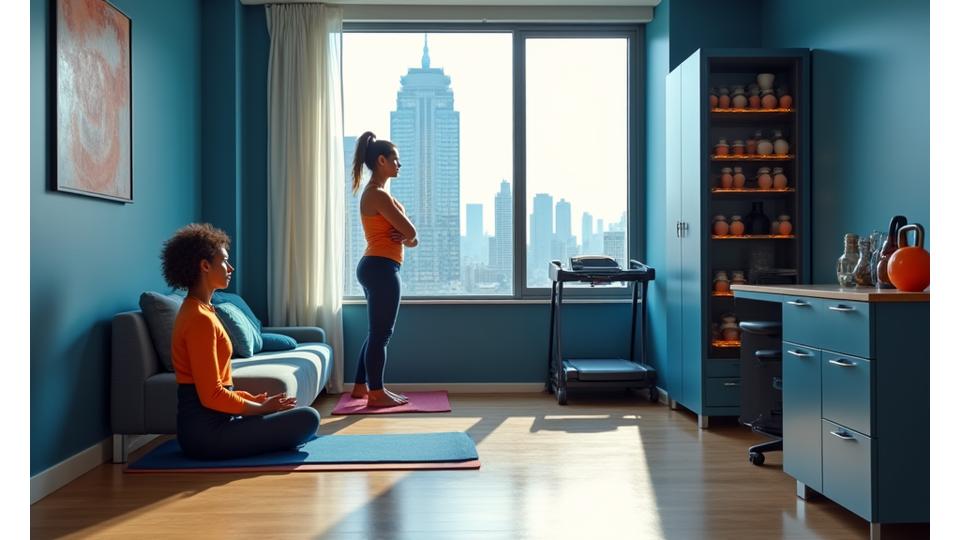 Two young adult roommates, one on a yoga mat and another using a compact elliptical, in a well-organized apartment gym, demonstrating both shared and personal space usage.